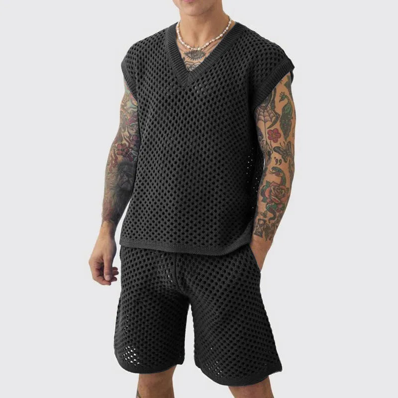 Men's blue V-neck sleeveless vest with matching shorts sports outfit