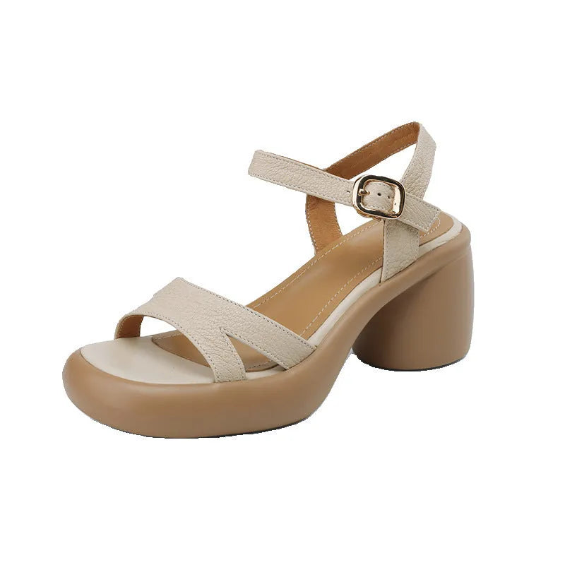 Women's apricot open-toe platform sandals with a round toe holder and 3cm thick rubber sole.