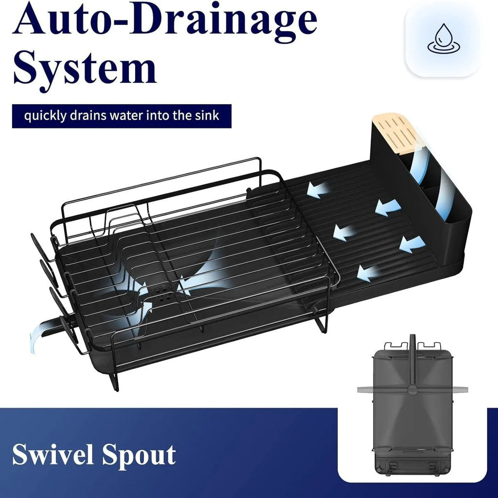 Retractable carbon steel kitchen dish drain rack holding cutlery and cups