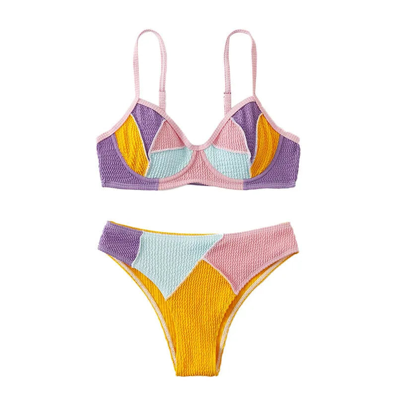 Colour block ladies push up bikini set with steel bracket support, shown with top and shorts.