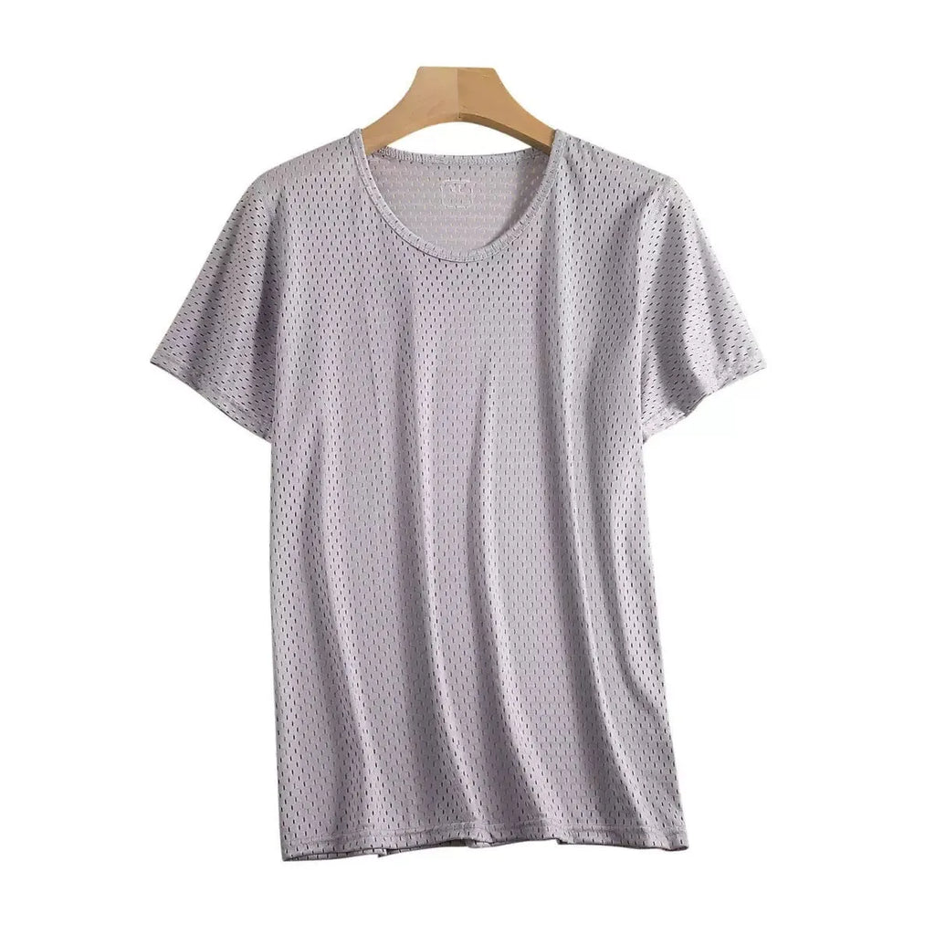 Men's solid colour Ice Silk short sleeve crew neck t-shirt on a hanger.