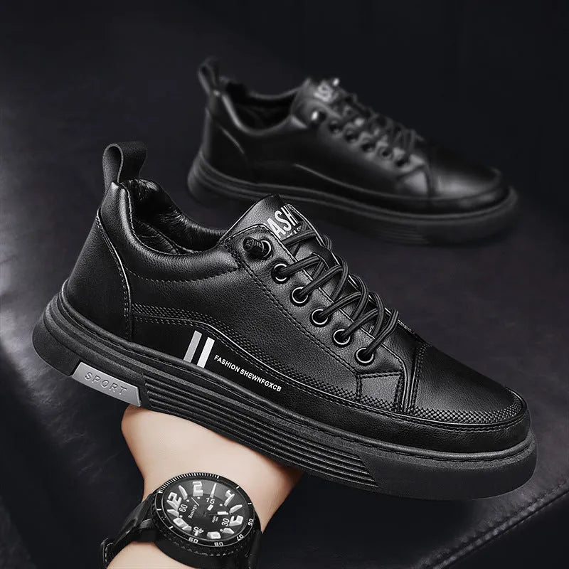 Men's black and white skateboard shoes with microfiber upper and elastic band closure
