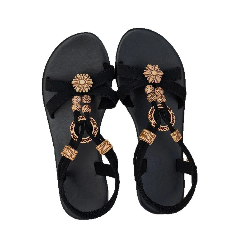 Black ethnic-style women's flat beach sandals with beaded weave decoration and open toe design