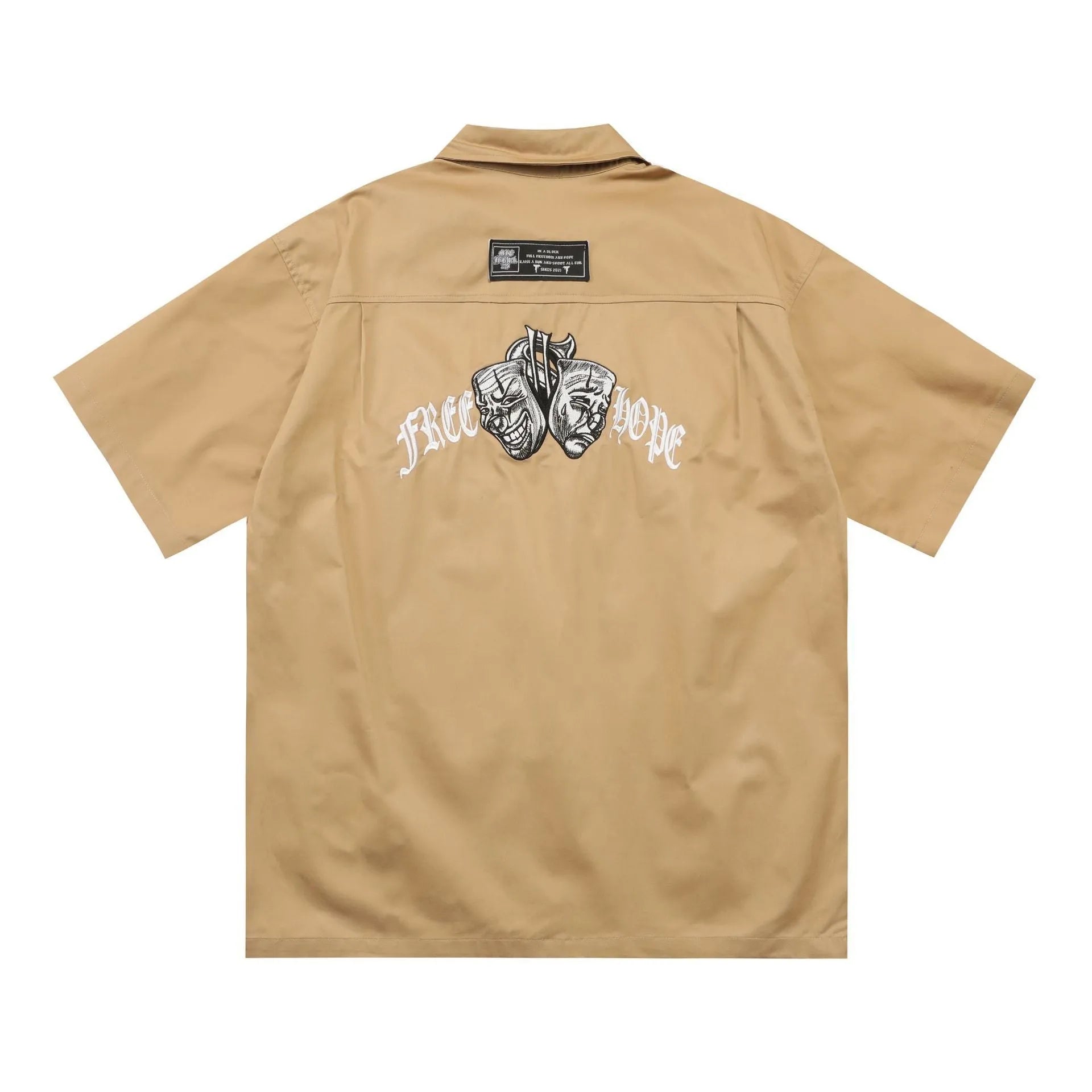 Men's loose fit half sleeve shirt with embroidery in black or khaki colour options
