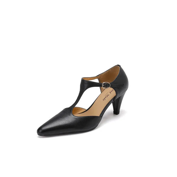Brown retro women's sandals with T-strap buckle and closed round toe.