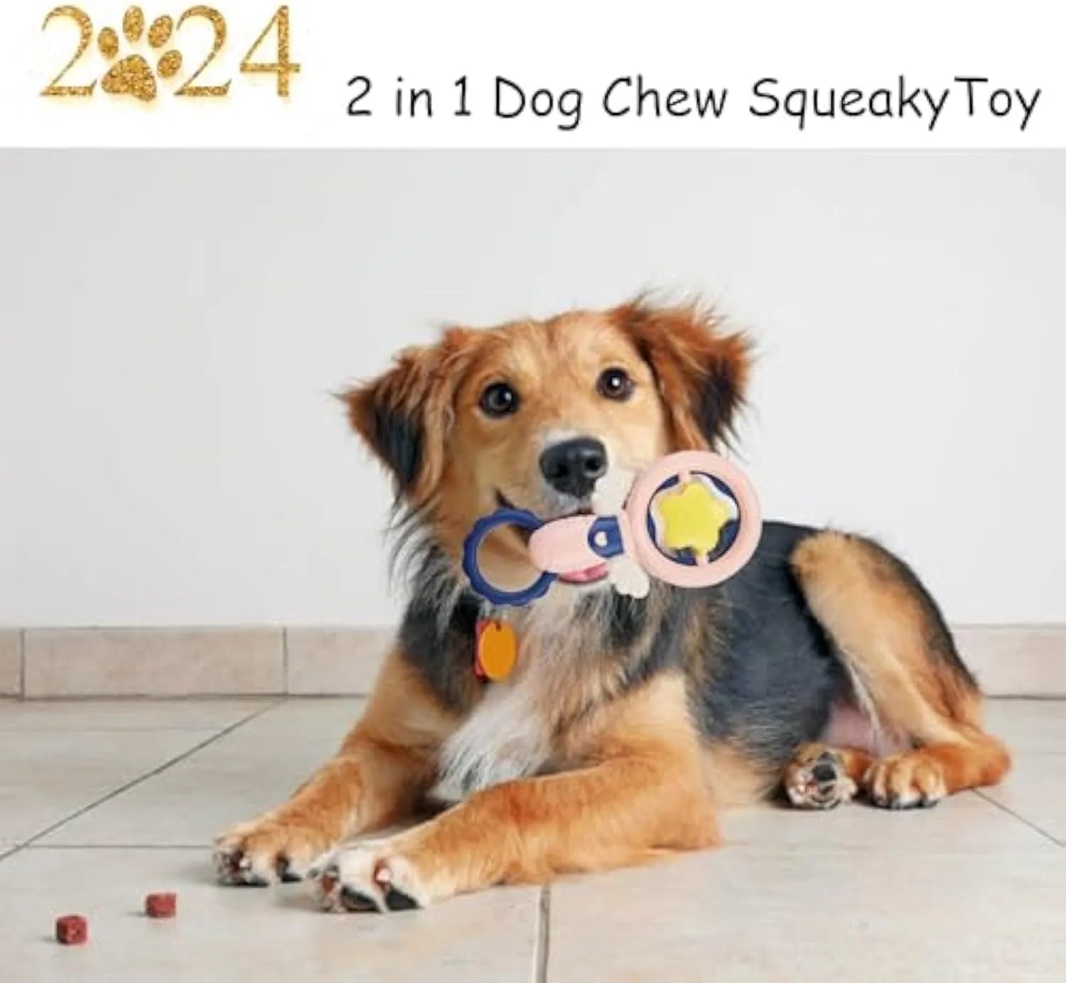 Four pink rubber dog toys including squeaky toys and dental chews for large breed dogs