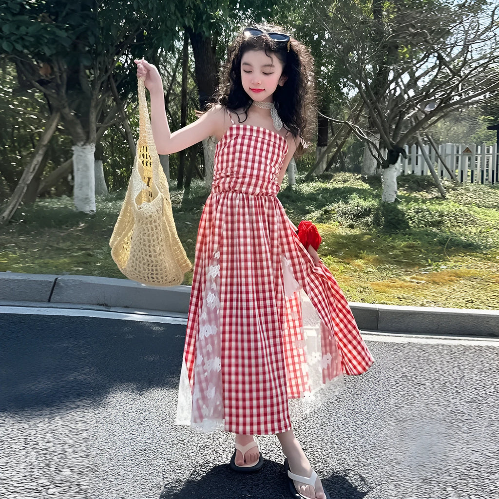 Girls red plaid non-slip princess dress with lace stitching, polyester fibre, available in 120cm to 170cm height options