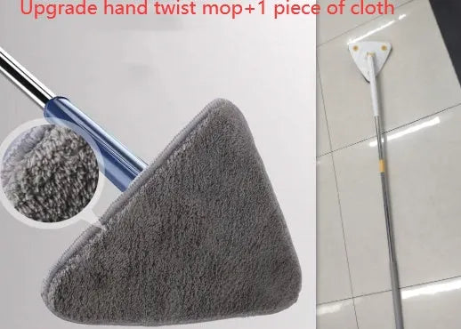 Blue and white extendable triangle cleaning mop with a rotating head on a long stainless steel pole.