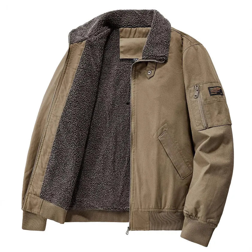 Men's winter fleece cotton coat in black with fleece lining and long sleeves