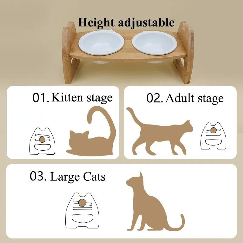 Height adjustable ceramic double bowl on bamboo stand for cats and dogs, original wood colour, non-slip base