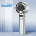 A handheld personal fan showing one of four colour options: Green, Khaki, Silver, or White.