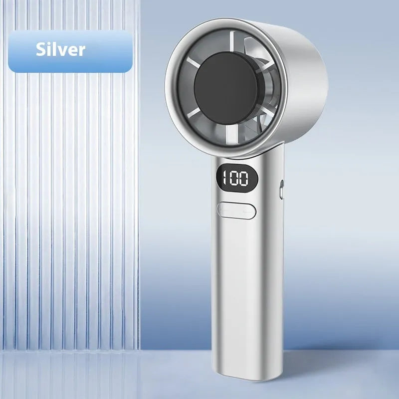 A handheld personal fan showing one of four colour options: Green, Khaki, Silver, or White.
