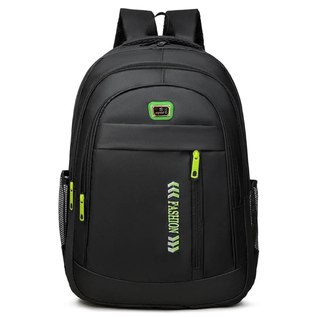 Blue business travel backpack with airpillow straps and sewing line detail on Oxford cloth.