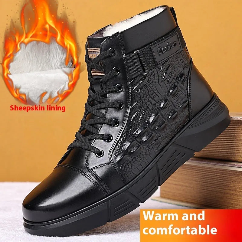 Genuine leather winter boots with fur lining and velvet trim, featuring non-slip rubber soles and front lace-up design