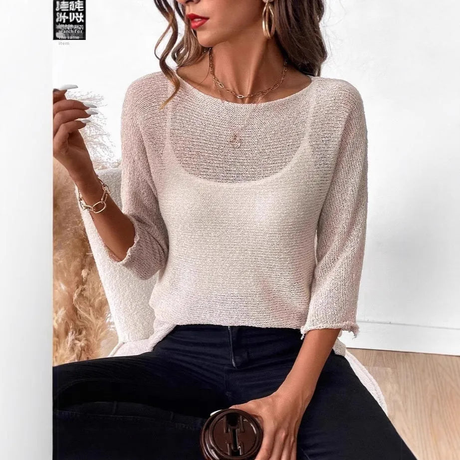 Women's thin off-shoulder knit jumper in matcha green with 3/4 sleeves and a 3D pattern.