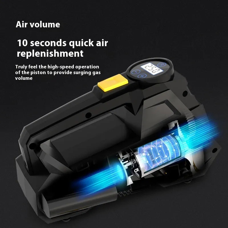 Black portable digital tyre inflator with LED light and 12V power cable for vehicles