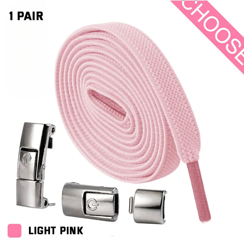 Set of press lock elastic no-tie shoelaces in 8mm widened flat design on a white background.