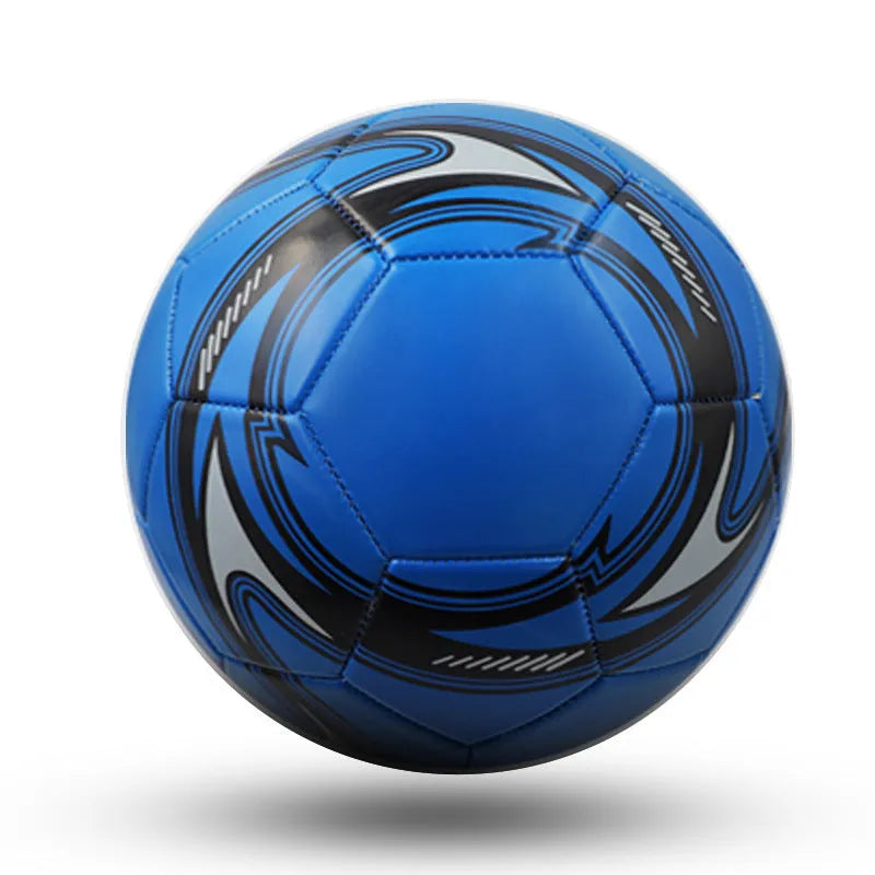 PVC machine-seam football in multiple sizes and colours including Tornado Blue, Black And White, and Red Dragon Roll designs.