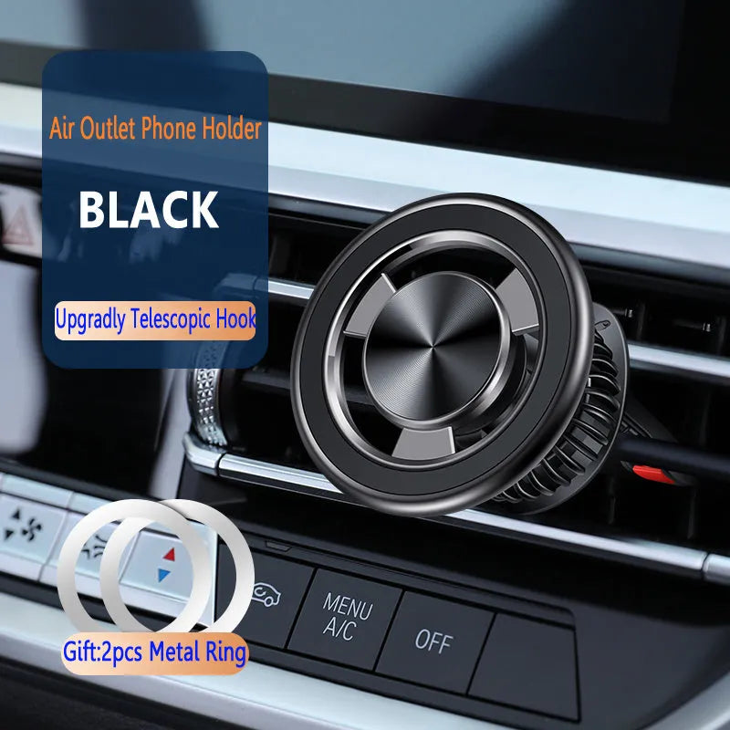 Car air outlet magnetic phone holder with snap-on bracket in silver or black colour