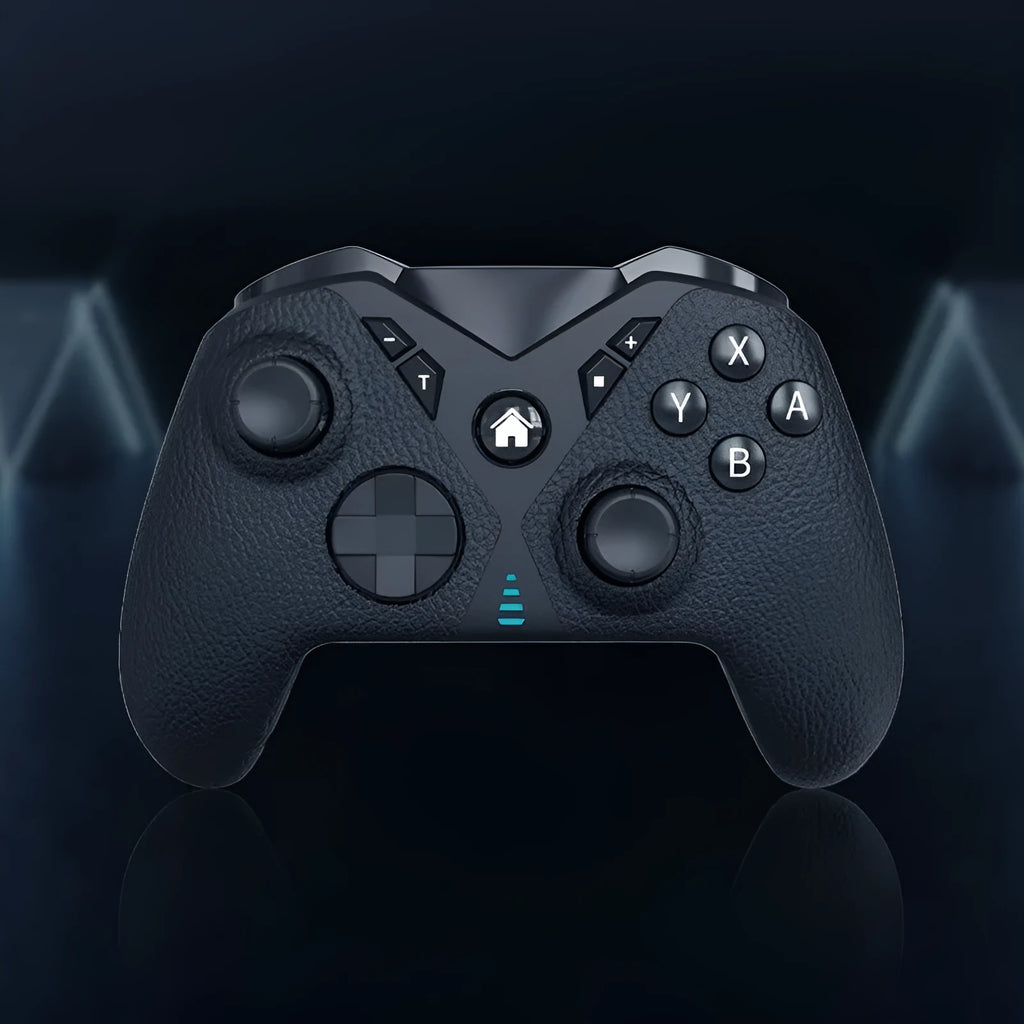 Black wireless game controller with leather-pattern texture on grips, showing analogue sticks and buttons.