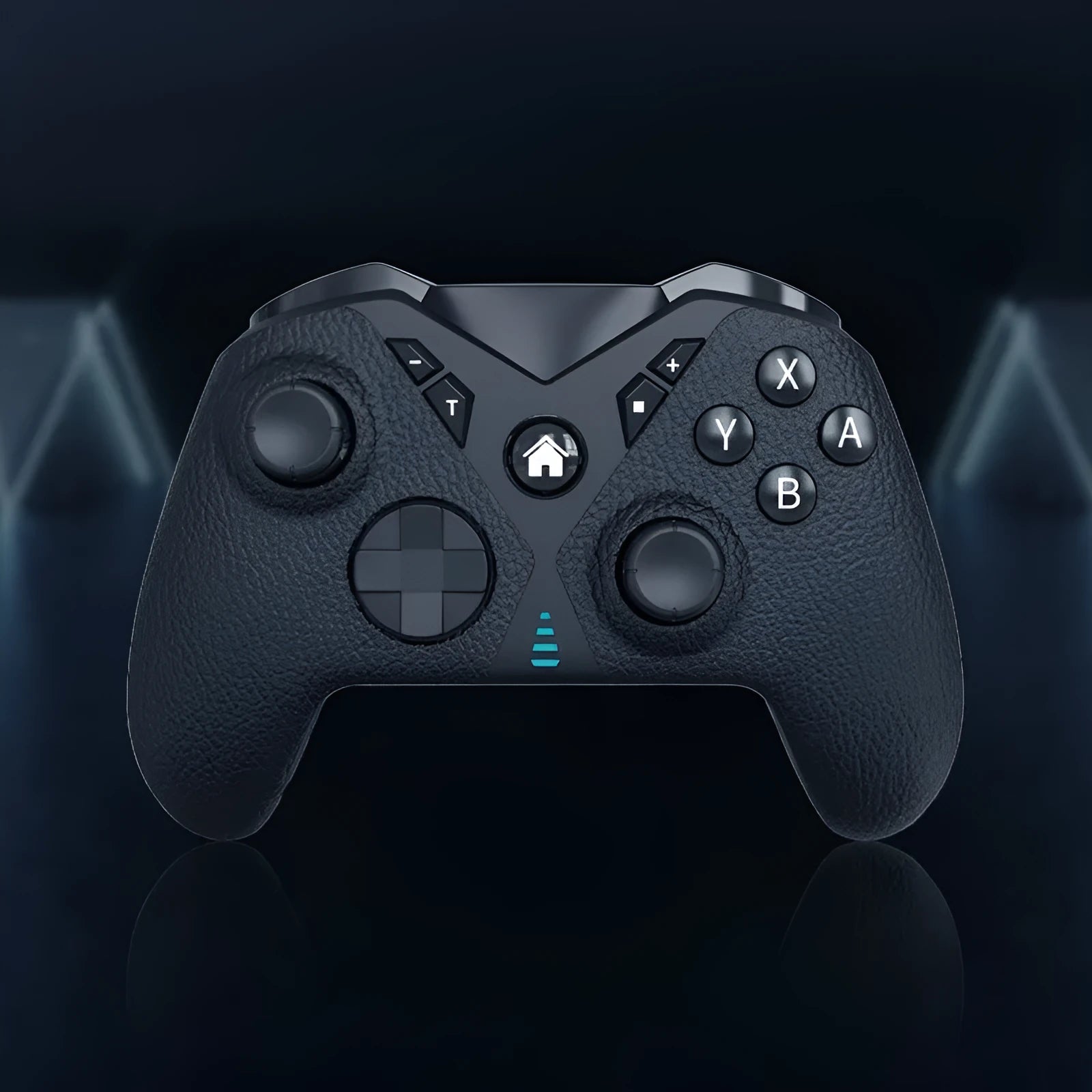 Black wireless game controller with leather-pattern texture on grips, showing analogue sticks and buttons.