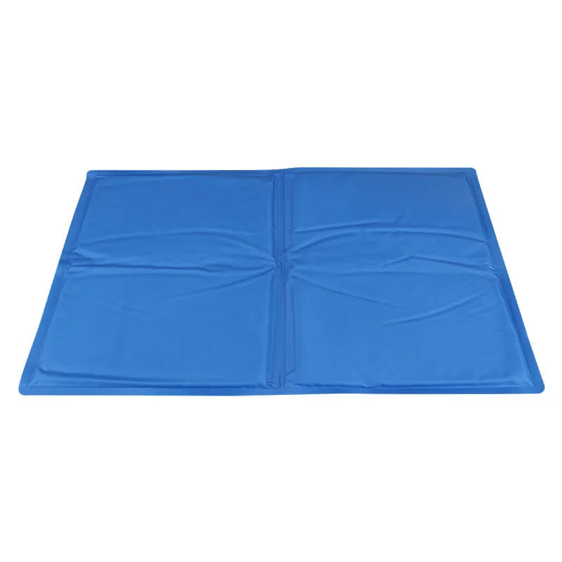 Blue gel cooling pet pad for dogs and cats, foldable waterproof nylon mat, size XS to XXL