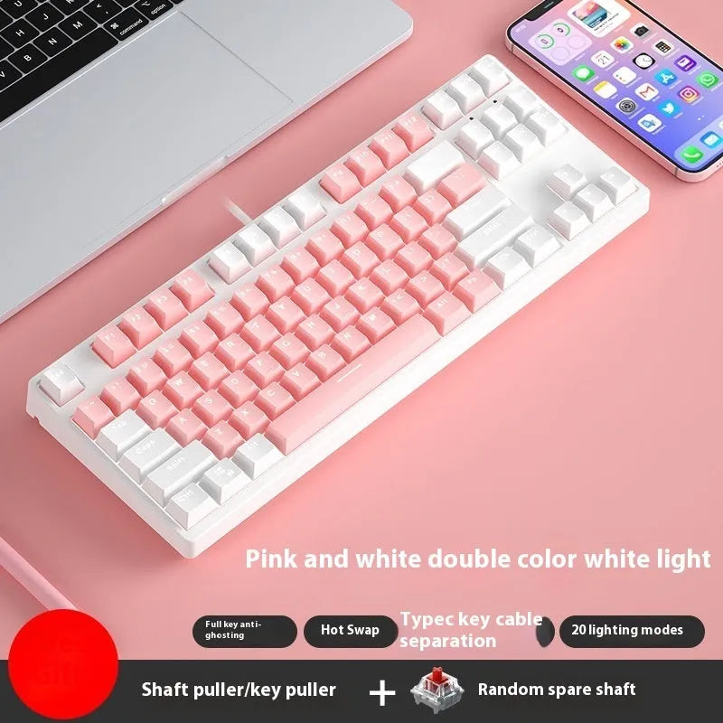 87-key wired mechanical keyboard with two-tone keycaps, shown with switch puller and cleaning brush