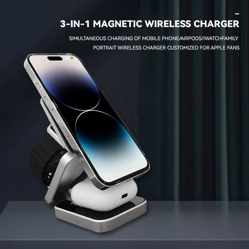 Foldable three-in-one desktop wireless charging bracket with magnetic ring