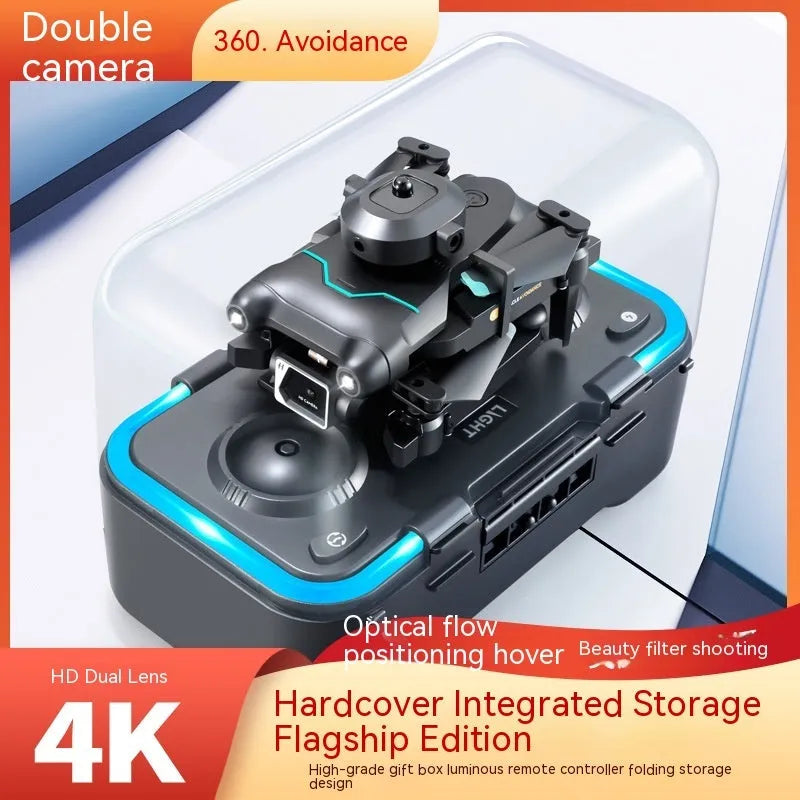 Black four-axis mini drone with cameras, showing obstacle avoidance sensors and compact plastic body.