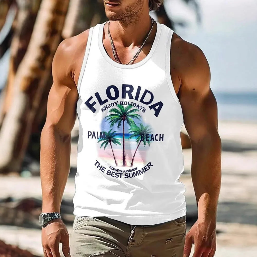 Men's 3D printed Hawaiian style sleeveless vest in solid colour on polyester pinhole cloth fabric