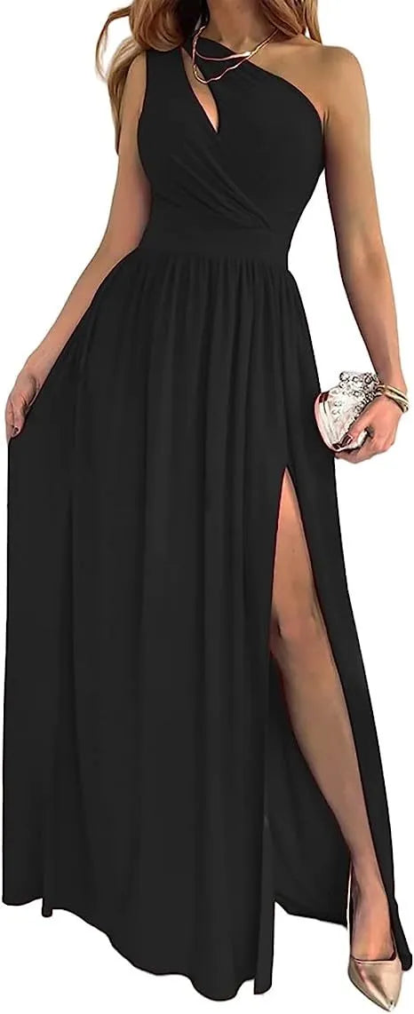 Women's apricot one shoulder sleeveless maxi dress with high split and cutout design.
