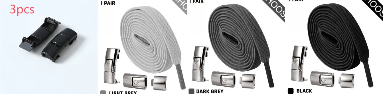Set of press lock elastic no-tie shoelaces in 8mm widened flat design on a white background.