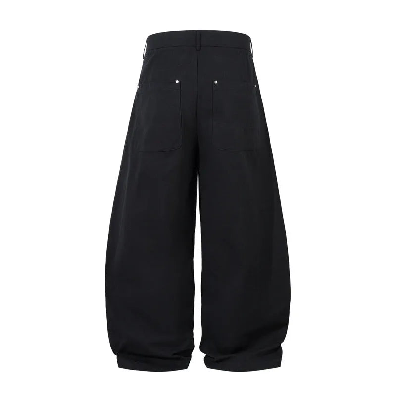 Men's black pleated casual trousers with wide-leg loose fit and mid waist design