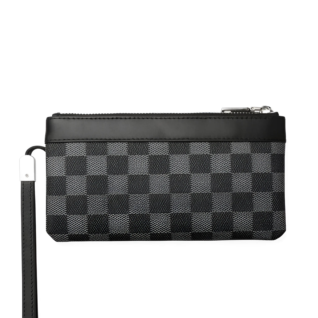 Men's black leather clutch wallet made from cowhide, showing plaid texture and open view of polyester lining.