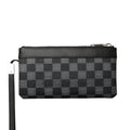 Men's black leather clutch wallet made from cowhide, showing plaid texture and open view of polyester lining.