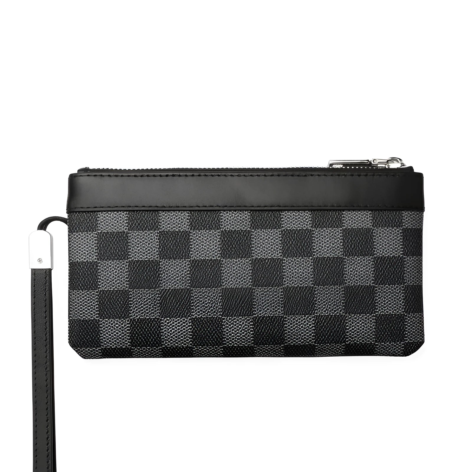 Men's black leather clutch wallet made from cowhide, showing plaid texture and open view of polyester lining.