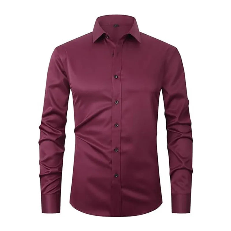 Men's stretch long sleeve work shirt in polyester fabric, shown in a light colour on a hanger.