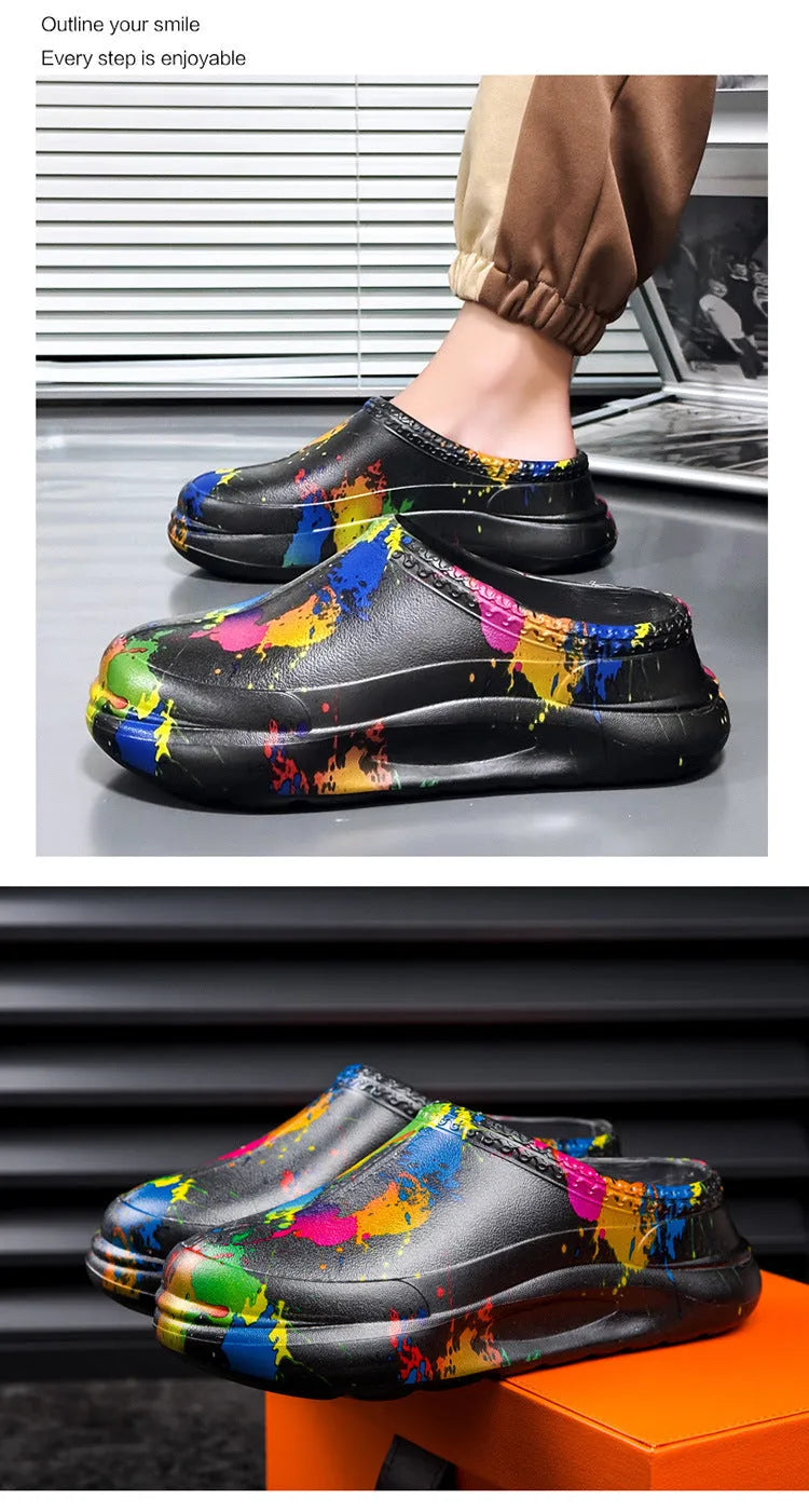 Men's black waterproof EVA work slippers with a textured non-slip sole and a protective toe cap.