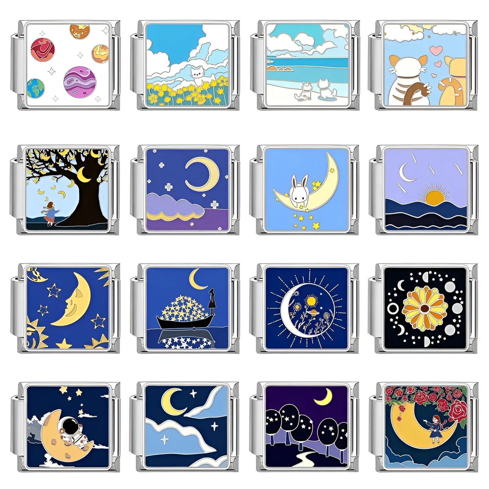 Square stainless steel bracelet module with night sky moon planet totem pattern in dripping oil finish, 1x0.9 cm