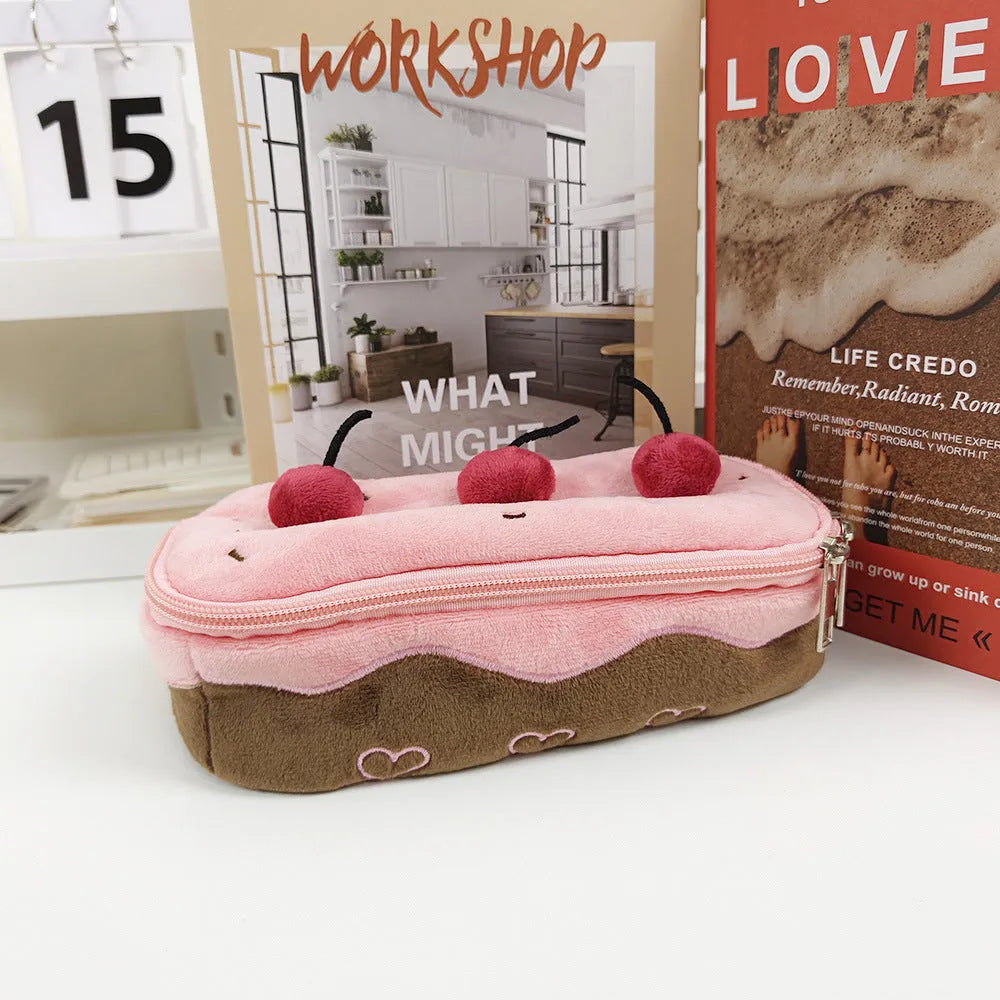 Cherry Cake pink and cream velvet pencil bag with plush Korean-style design