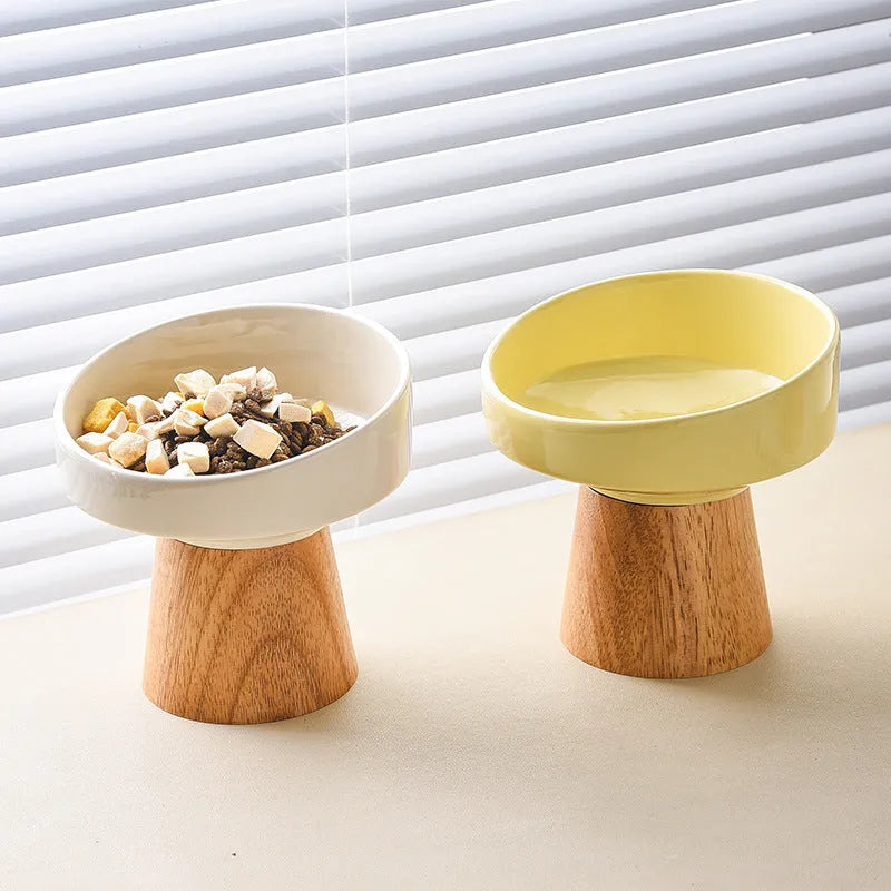 Ceramic pet bowl for cats and small dogs in beige with elevated rim, food and water dish