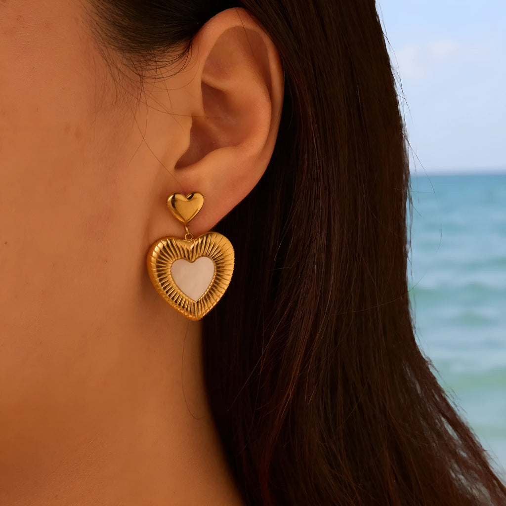 Gold electroplated heart-shaped stainless steel earrings with 18K finish for women