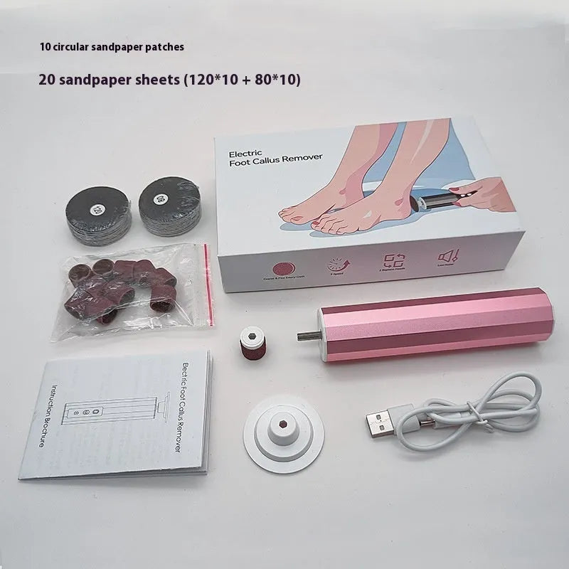 USB rechargeable electric callus remover and nail trimmer set with sandpaper discs on a pink background