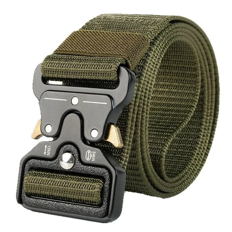 Men's thick canvas tactical belt with alloy buckle shown in Army Green colour on 120cm length