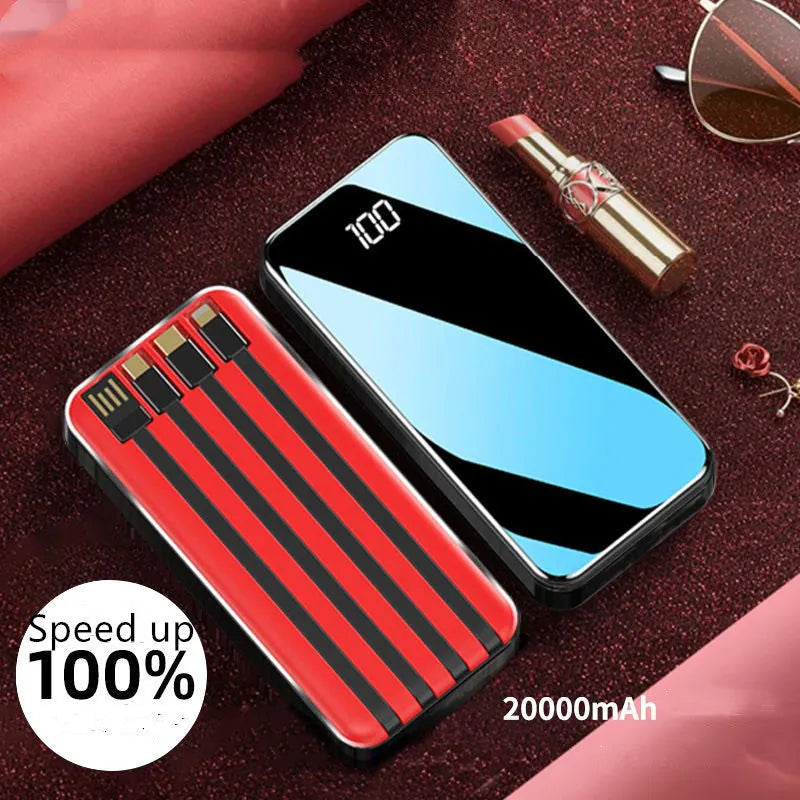 Portable power bank with digital display showing battery percentage, surrounded by USB, Micro USB, Type-C, and Lightning cables.