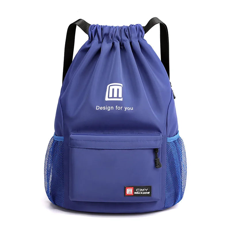 Oxford drawstring backpack in bucket shape with pull-cord closure and water-repellent fabric