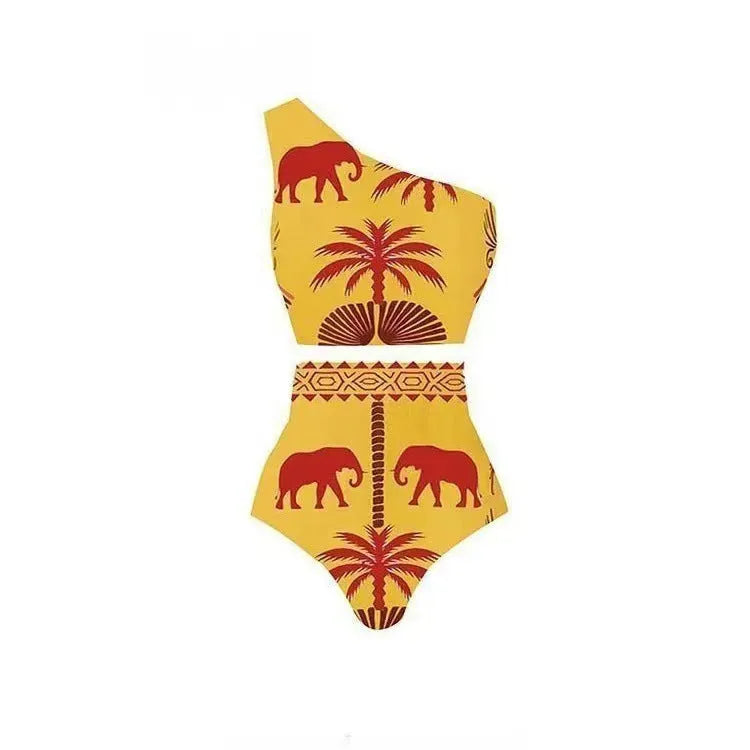 Women's black polyester one-piece swimsuit on hanger with size tag
