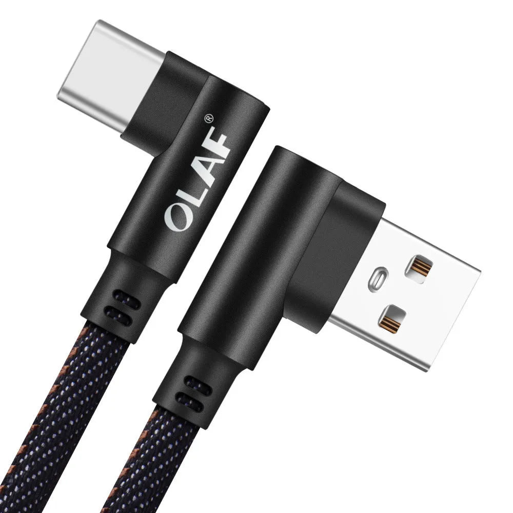 Denim fabric fast charging USB cable with aluminium connectors in black, blue, and red for Android and Type C phones.