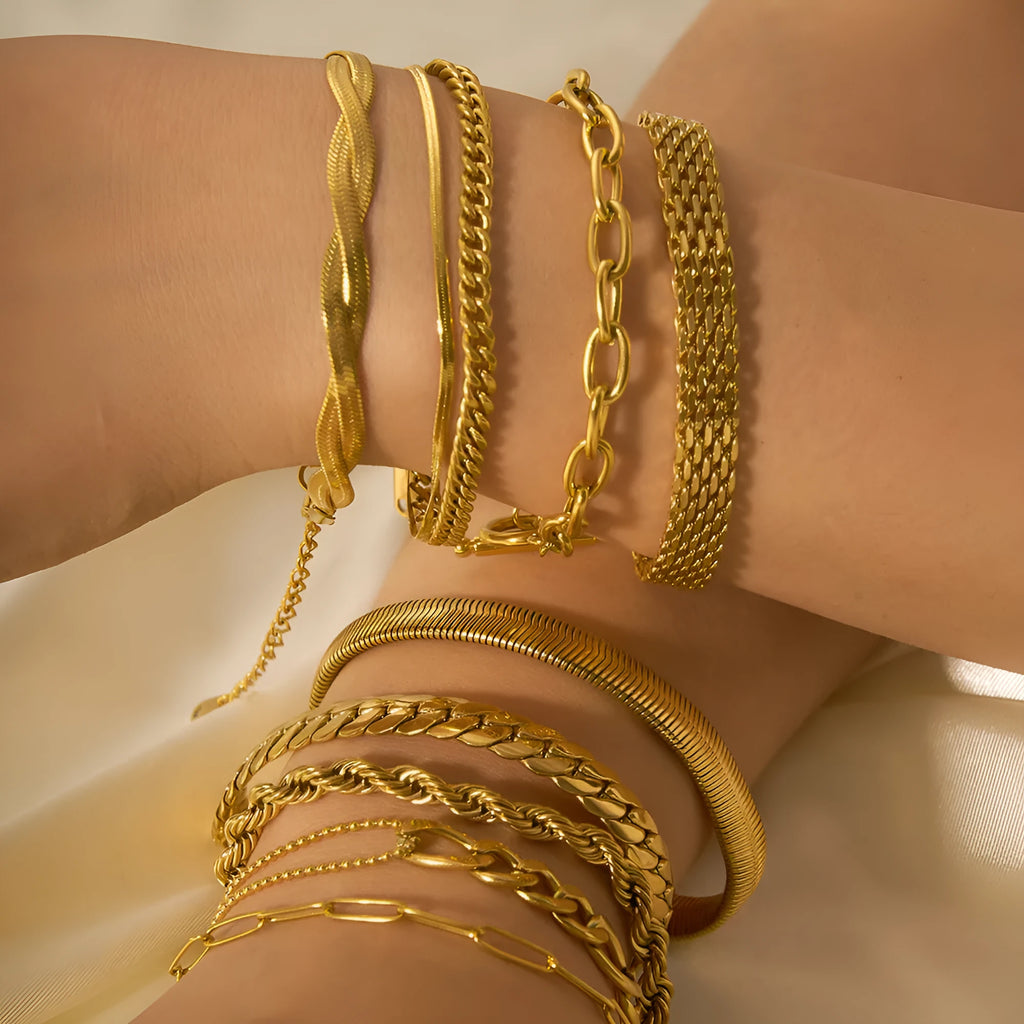 Unisex stainless steel geometric ring bracelet with real gold PVDP finish, available in multiple colour codes