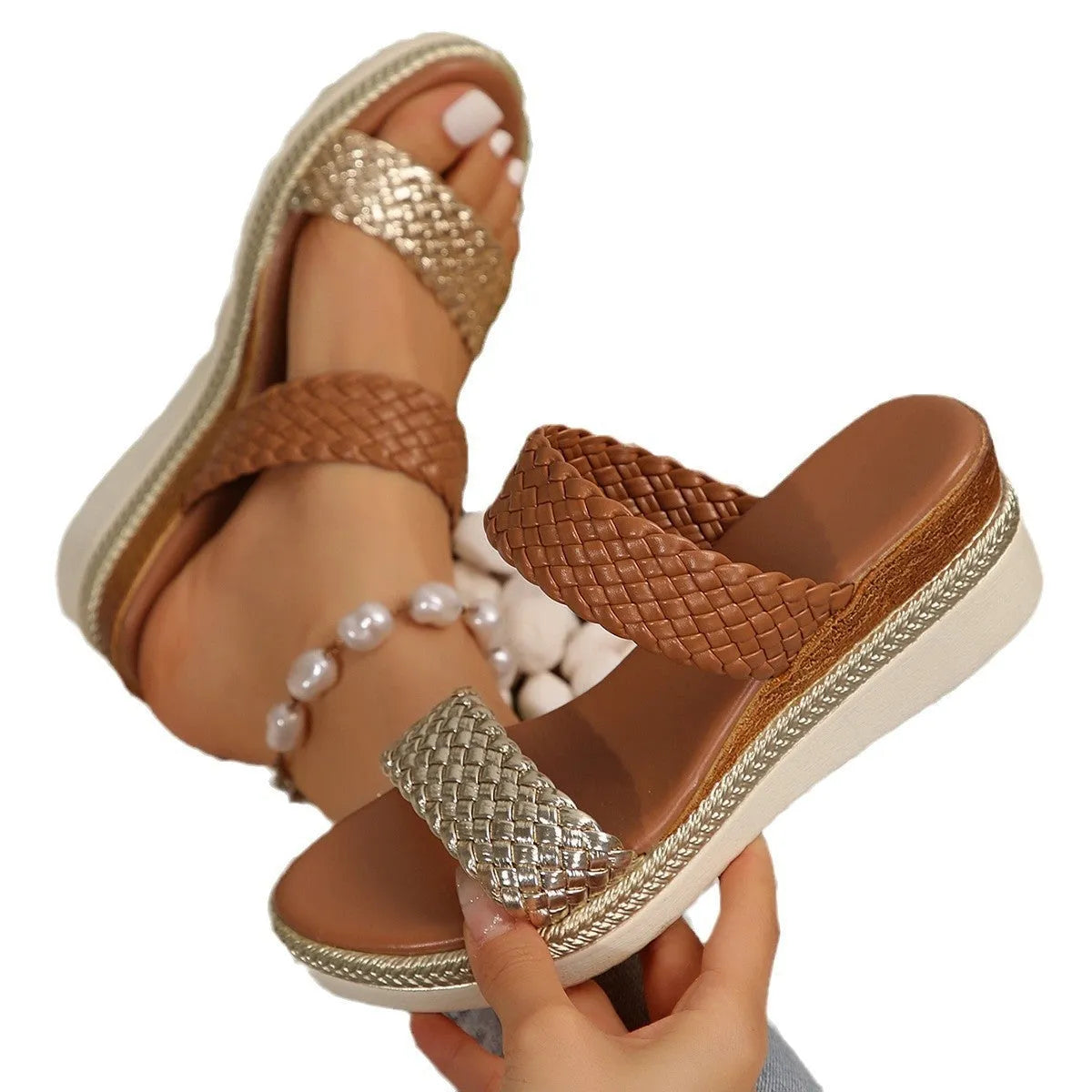 Gold or silver plus size wedge sandals for women in sizes 36 to 43